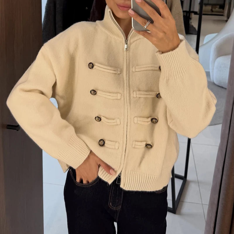 Creamy-white knit jacket with stand collar and double-breasted button detail