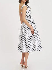 White Polka Dot V-Neck A-Line Midi Dress