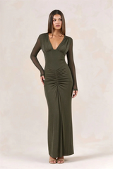 Ruched long sleeve maxi dress detail in green