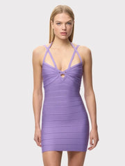 Lavender halter neck strappy mini dress with crisscross straps and V-neck cutout