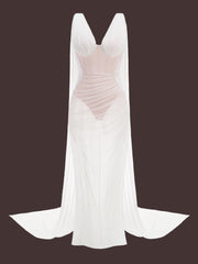 White sheer gown with a pink bodice on a white background