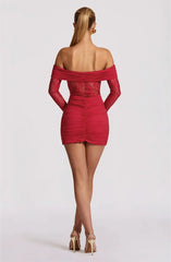 Off-shoulder Lace See Through Long Sleeve Ruched Mini Dress