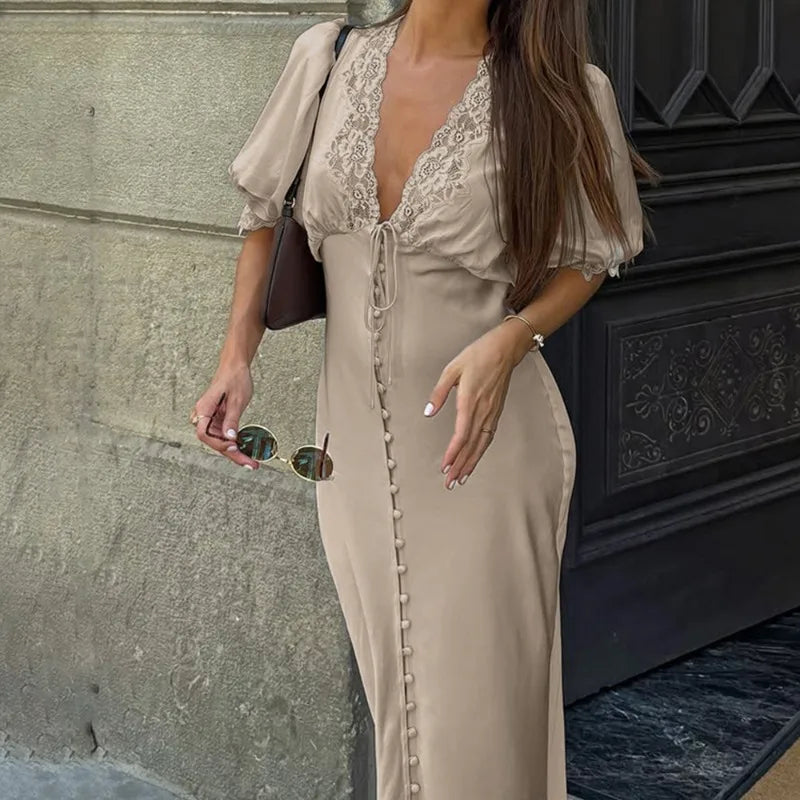 Maxi dress with lace V-neck and puff sleeves