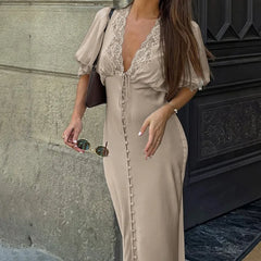 Maxi dress with lace V-neck and puff sleeves