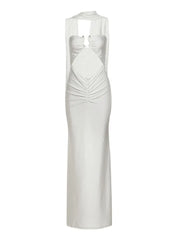 White evening gown with a sheer overlay on a white background