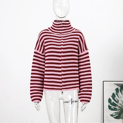 Striped High Neck Zip Sweater
