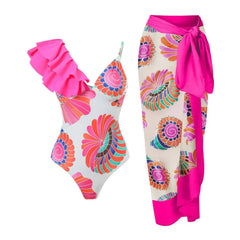 Tie-Strap V-Neck One-Piece Swimsuit with Matching Sarong Set