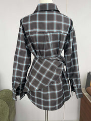 Plaid Lapel Collar Belted Shirt