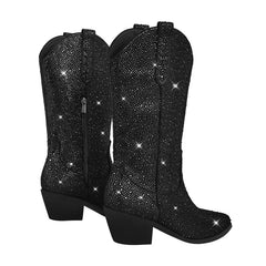 Side view of pointed toe embellished western boots showcasing the rhinestone finish and block heel.