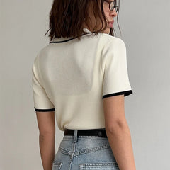 Ribbed Knit Polo Collar Short Sleeve Contrast Trim Cropped Top
