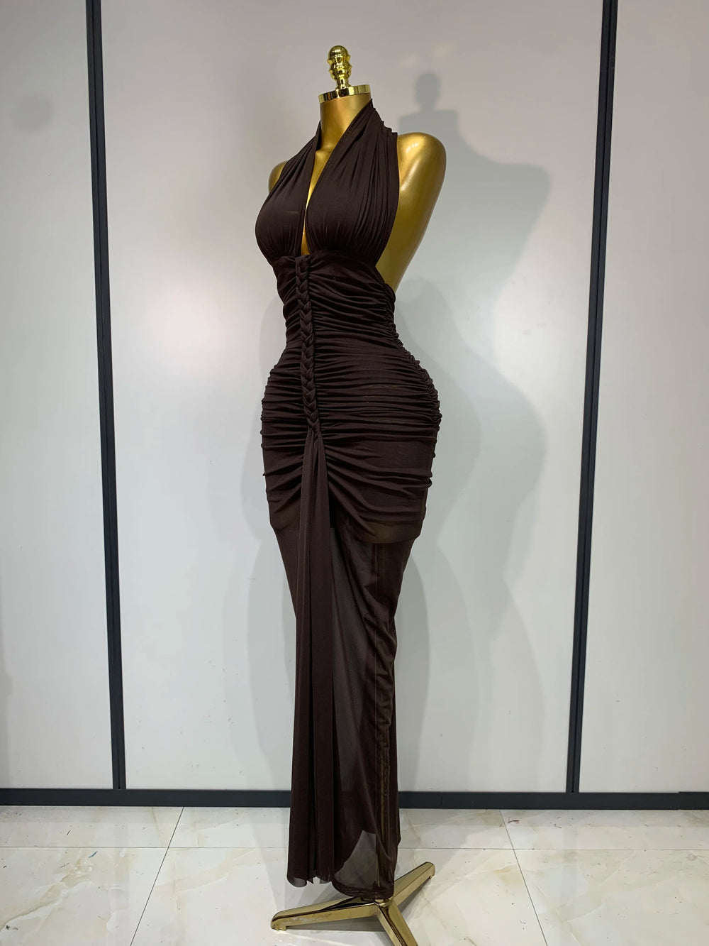 Halter neck ruched knit ankle-length dress profile view