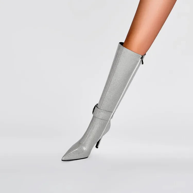 Gray knee-high boot on a light gray background