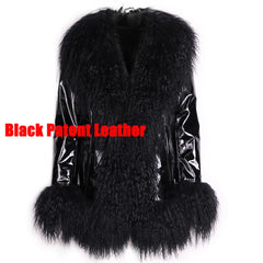 Black patent leather vest with fur trim