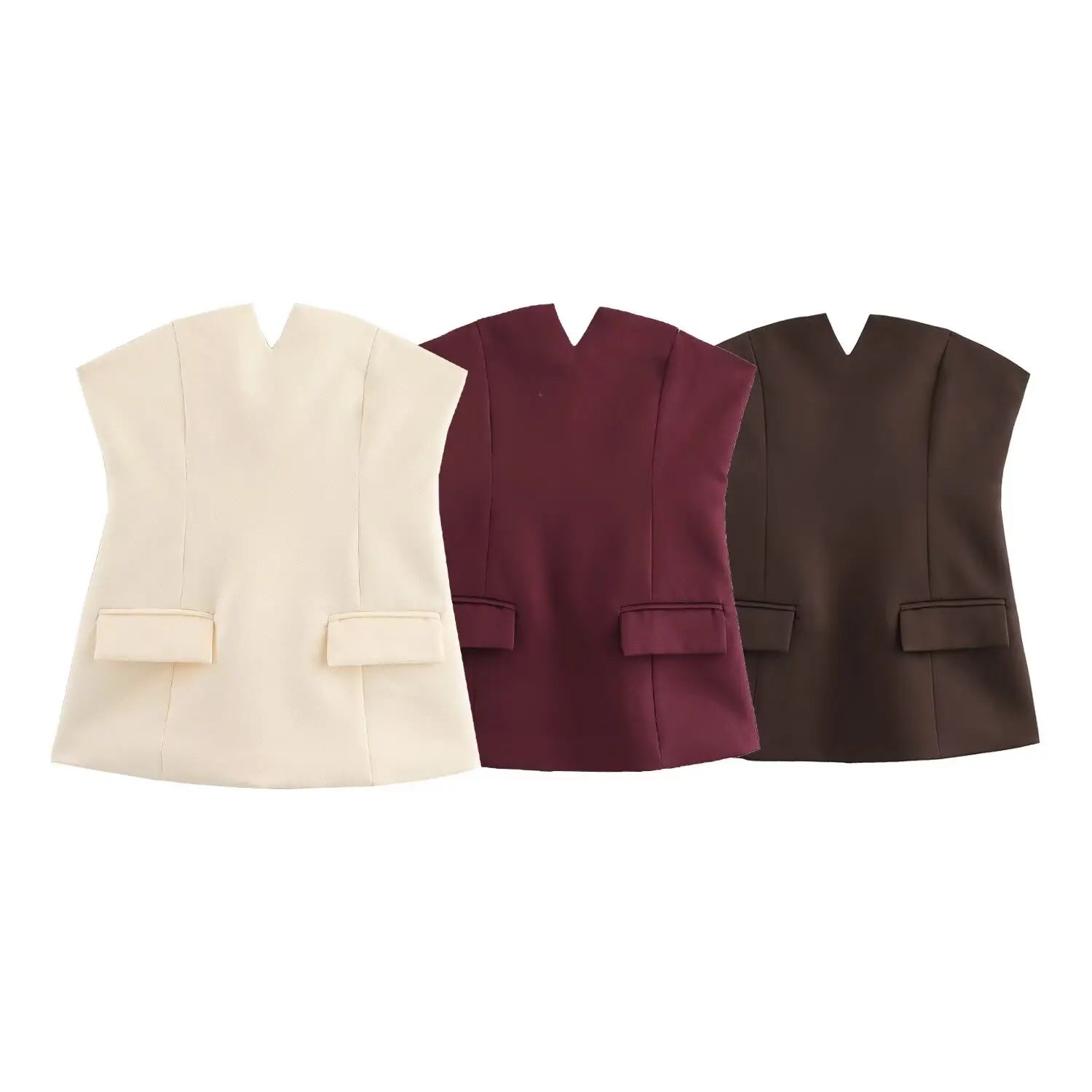 Three vests in beige, burgundy, and brown on a white background