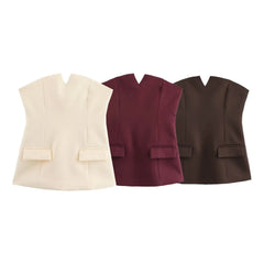 Three vests in beige, burgundy, and brown on a white background