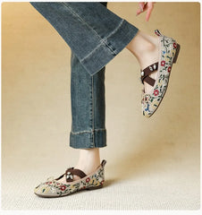 Embroidered Floral & Leopard Print Mary Jane Flats