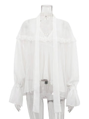 White Flounce V-Neck Flare Sleeve Ruffle Blouse