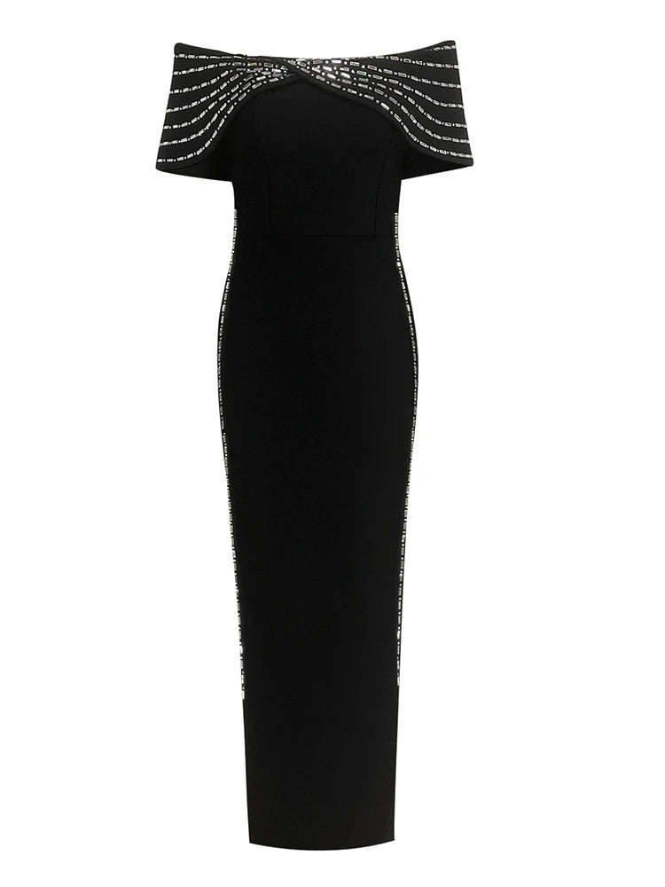 Black off-shoulder dress with decorative top on a white background