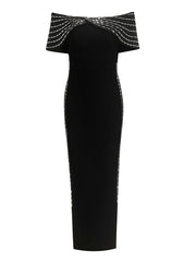 Black off-shoulder dress with decorative top on a white background