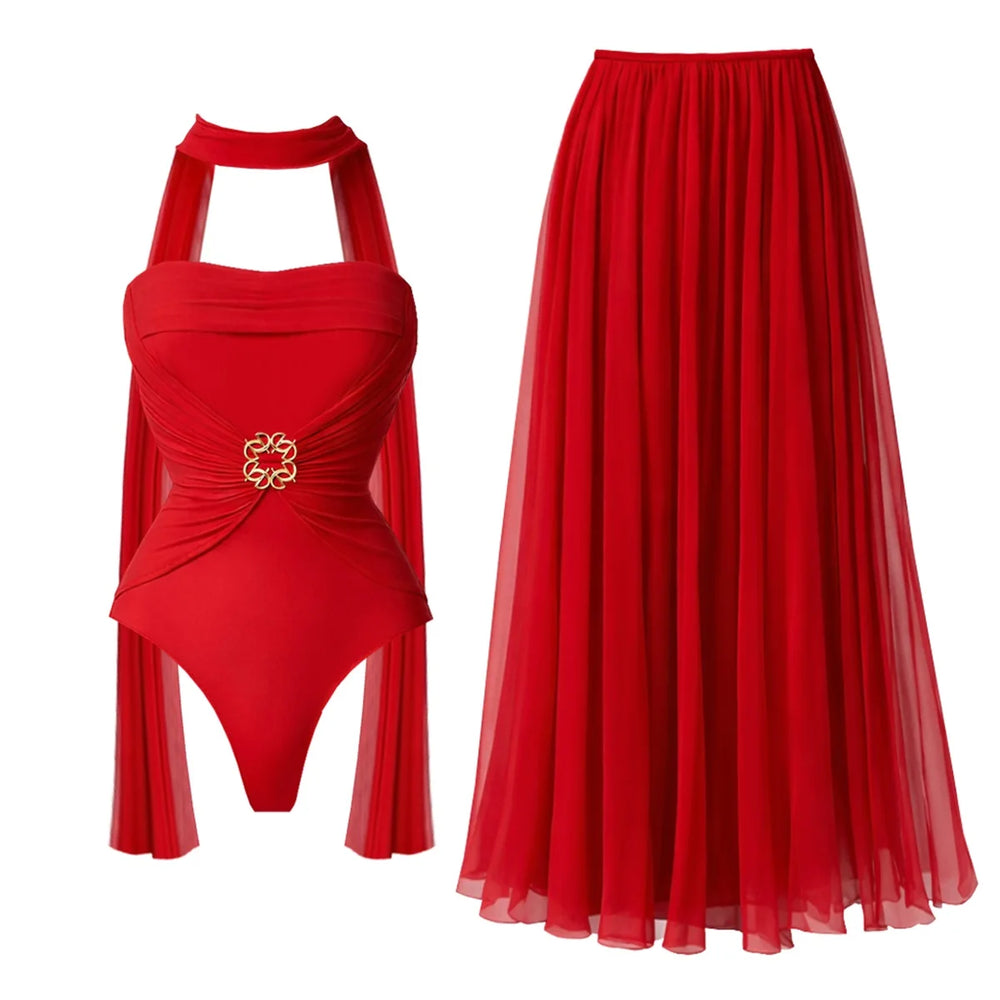 Red bandeau swimsuit and cover-up skirt separated