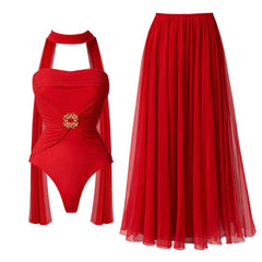 Red bandeau swimsuit and cover-up skirt separated