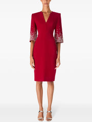 Red V-neck dress with beaded three-quarter sleeves