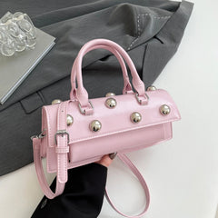 Pink riveted PU leather top handle bag