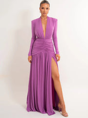 Purple plunging neckline ruched maxi dress with high slit