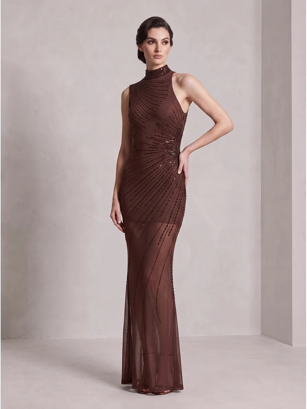 Crystal embellished mock neck sleeveless brown maxi dress