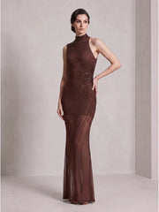 Crystal embellished mock neck sleeveless brown maxi dress
