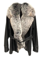 Black leather jacket with fur collar on a white background