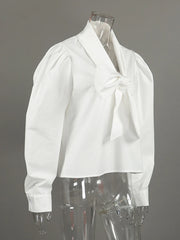 White Puff Sleeve Bow Neck Poplin Blouse Top