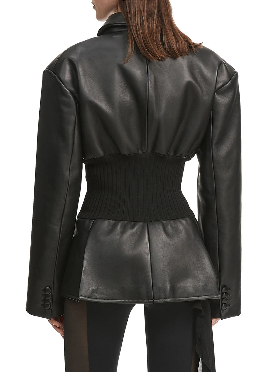 Black leather jacket worn by a person