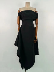 Black Slash Neck Midi Dress | Elegant Folded Off-Shoulder Style