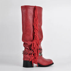 Red fringe detail block heel knee high boots side view
