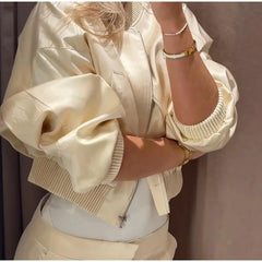 Cropped Ribbed Hem Bomber Jacket