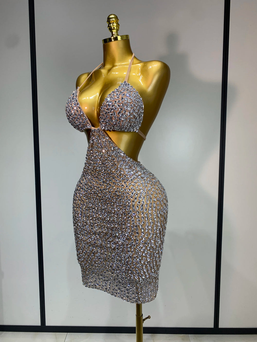 V-Neck Sleeveless Crystal Embellished Bodycon Mini Dress Side View