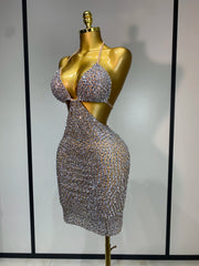 V-Neck Sleeveless Crystal Embellished Bodycon Mini Dress Side View