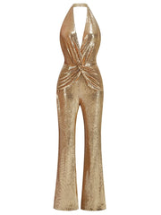 Gold Sequin Sleeveless V Neck Wide Leg Jumpsuit