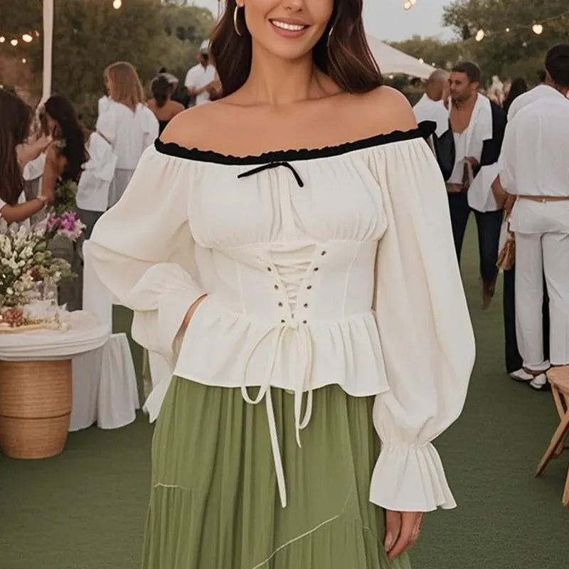 Woman wearing off-shoulder white corset blouse with lace-up front