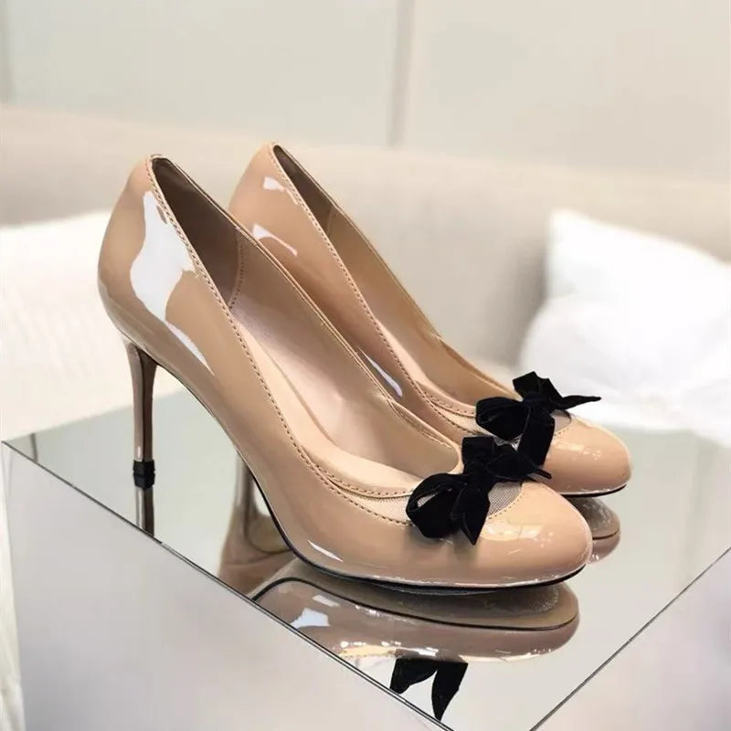 Patent leather bow pumps dress in apricot