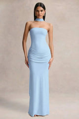 Strapless maxi dress with choker neck in light blue