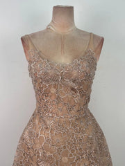 Beige Embroidered Lace Sleeveless Midi Dress