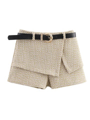 Beige shorts with a black belt on a white background