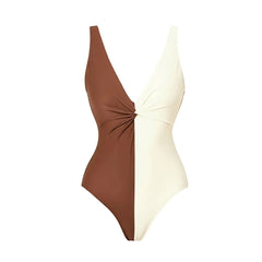 Two-Tone Plunge Neck Ruffled One-Piece Swimsuit