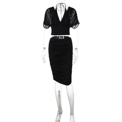 Draped Sleeve Crop Top and Ruched Midi Skirt Set