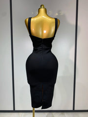 Back view of sleeveless V-neck lace overlay bodycon midi dress