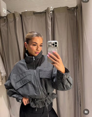 Plaid drawstring waist cropped jacket frontal view