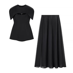 Three-Piece Sculpted Top, Shawl, and Mesh Skirt Set