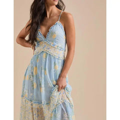 Close-up of ruffle trim on a maxi dress
